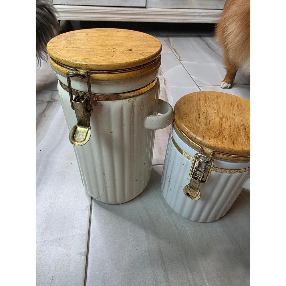 Vintage Ceramic Canister Set‎ Wood Lids Clamp Latch Farmhouse Kitchen Storage B2